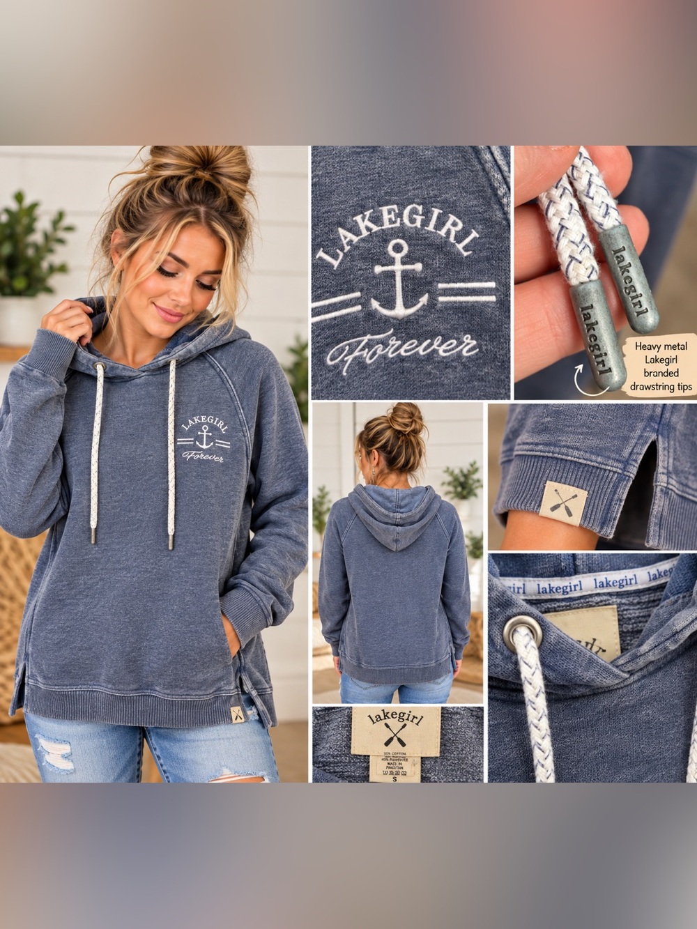 Lakegirl Forever Blue Gray Nautical Anchor Hoodie Pullover Size Small